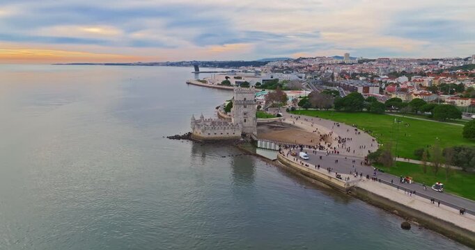 Aerial view of Belem Tower in Lisbon. Medieval building, touristic landmark. Lisbon, Portugal