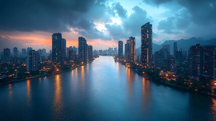 Fototapeta premium Stunning Cityscape at Dusk with Reflections on Water and Illuminated Buildings in Skyline