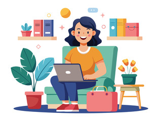 Woman sitting with laptop and books in a cozy home setting