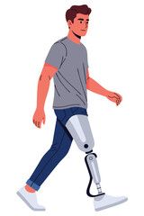Young Man Walking with Innovative Prosthetic Leg in Rehabilitation Setting