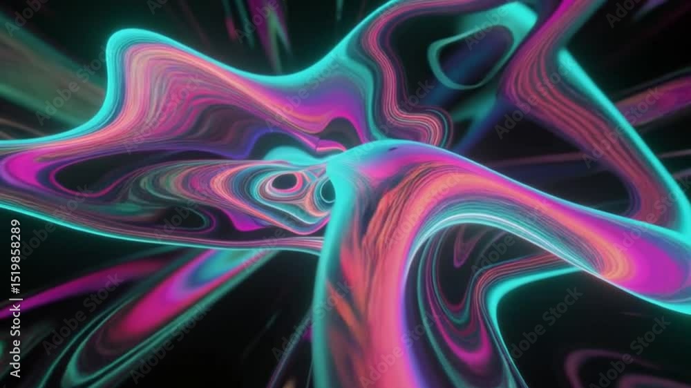 Poster dynamic abstract fractal composition with flowing neon colors, twisting fluid shapes and glowing mot