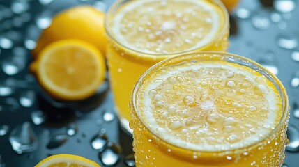 Two glasses of lemon drink, topped with lemon slices, on a dark surface with water droplets