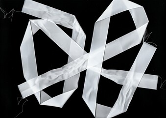 White satin ribbons twisted in loops on black background. High-contrast scan showing glossy surface...