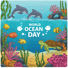 world oceans day concept illustration, World oceans day design with underwater sea, sharks, corals, sea plants, stingrays and turtles on a blue background.