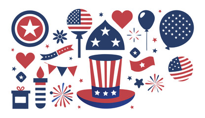 Patriotic Vector Set for 4th of July with Fireworks, Flag, and Stars in Red, White, and Blue for USA Independence Day
