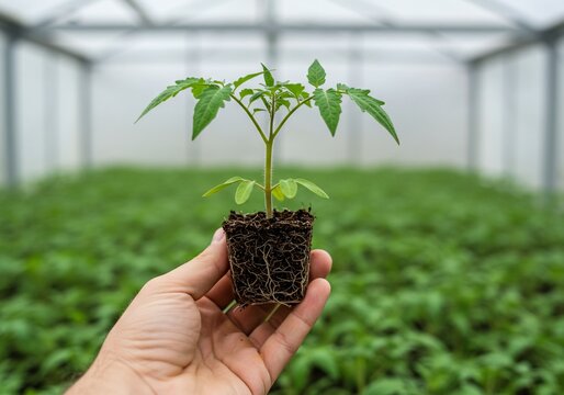 Seedling held, in greenhouse background, focus on new growth for plant growth - Powered by Adobe