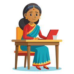 Woman in sari working at desk with laptop illustration