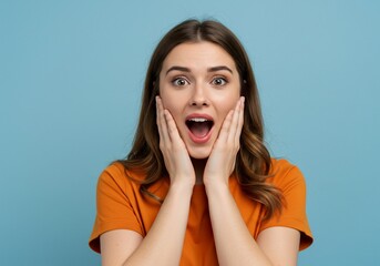 Young Woman Expressing Surprise Against Plain Background for an Online Article