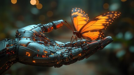 Futuristic robotic hand holding a glowing butterfly