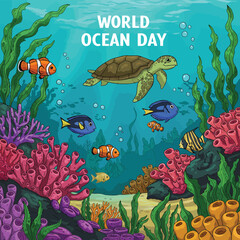world oceans day concept illustration, World oceans day design with underwater sea, sharks, corals, sea plants, stingrays and turtles on a blue background.