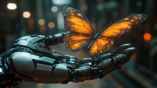 Futuristic robot hand holding a glowing butterfly