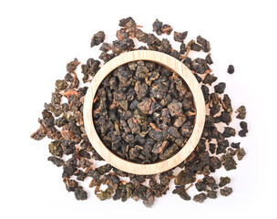Chinese oolong tea TieGuanYin is isolated on white background. Top view