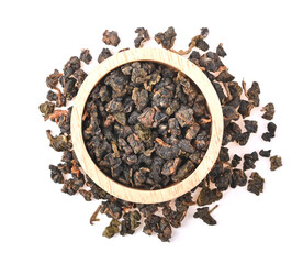 Chinese oolong tea TieGuanYin is isolated on white background.