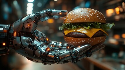 Fototapeta premium Robotic hand holding a burger