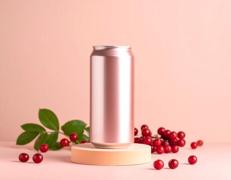 Mockup de canette saveurs fruit rouge fond  rose 