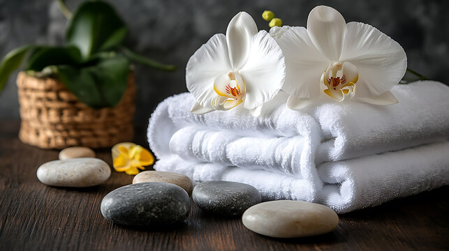Tranquil Spa Setting with White Towels, Orchids, and Massage Stones