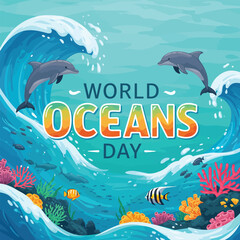 world oceans day concept illustration, World oceans day design with underwater sea, sharks, corals, sea plants, stingrays and turtles on a blue background.