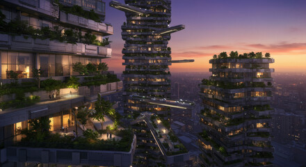 Obraz premium Futuristic Vertical City Sustainable High-Rise Architecture with Lush Greenery