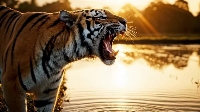 Majestic tiger roaring near a serene water body at sunset, showcasing its powerful presence in a vibrant natural habitat - tiger roaring video