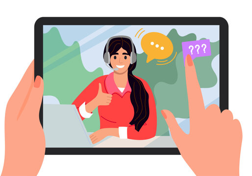 Call center, hotline video call by tablet. Customer support department staff, telemarketing agent. Vector illustration. 