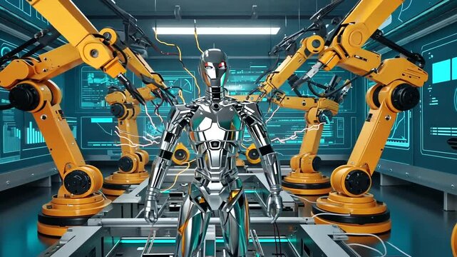 Futuristic robotic assembly line with humanoid robot surrounded by industrial robotic arms