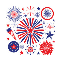 Firework and starburst design in red, white, and blue for July 4th and US Independence Day. Perfect for posters, invitations, celebration banners, and patriotic digital graphics.