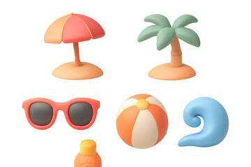 3D rendered icons depicting summer vacation items