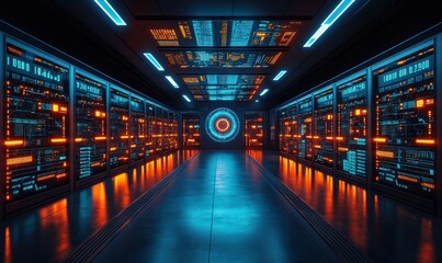 Futuristic server room with glowing displays
