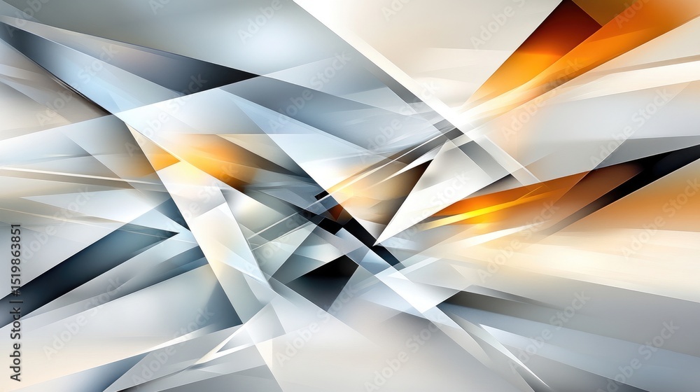 Poster abstract geometric art featuring sharp, intersecting triangles in cool and warm tones, creating a dy