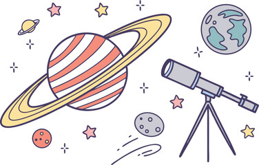 Cute vector cartoon of a colorful space scene with planets, telescope, and stars, ideal for children’s educational materials, science posters, or whimsical outer space artwork