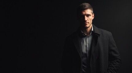 Obraz premium Stylish Man in Dark Coat Posing Against a Dramatic Black Background