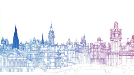 Fototapeta premium One-line art of the Edinburgh skyline presented as a horizontal banner — vector template ideal for design use. 