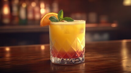 Vibrant orange cocktail, garnished