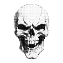 Halftone skull illustration in monochrome dot technique, perfect for punk, gothic, horror, and alternative design styles, ideal for posters, prints, tattoos, and edgy graphics