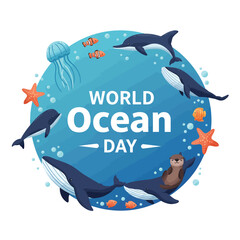 world oceans day concept illustration, World oceans day design with underwater sea, sharks, corals, sea plants, stingrays and turtles on a blue background.