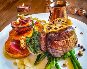 Juicy medium rare beef steak on a bed of fried asparagus with slices of freshly boiled potatoes and...