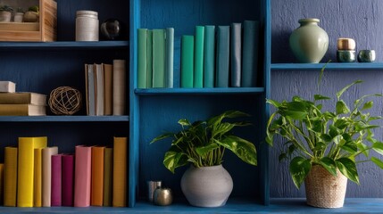 Modern Minimalist Workspace With Greenery And Bookshelves For Virtual Meetings