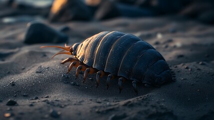 Woodlouse Exploring the Sandy Terrain in Detailed Close-up at Dusk