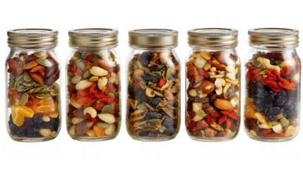 Five glass jars are filled with a mix of dried fruits, nuts, and seeds, creating a colorful and nutritious trail mix, perfect for a healthy snack, presented on a transparent background