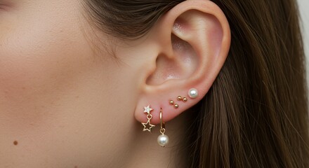 Ear with multiple earrings; fashion, jewelry, piercings, beauty concept