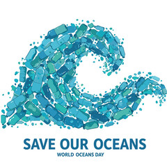 world oceans day concept illustration, World oceans day design with underwater sea, sharks, corals, sea plants, stingrays and turtles on a blue background.