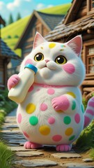 Cat with Milk Bottle: Charming whimsical illustration of a chubby, polka-dotted cat contentedly drinking from a baby bottle in a rural setting.