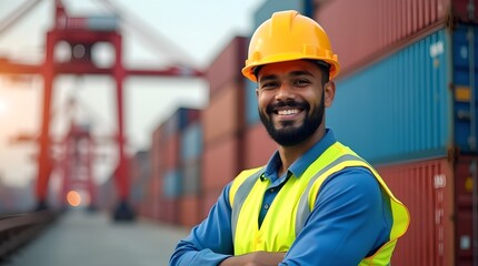 Fototapeta premium Smiling Port Worker in Safety Gear at Container Terminal, Sunny Day, Confident Supervisor, Modern Logistics Illustration