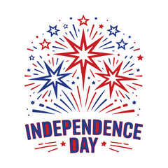 Colorful fireworks with “Independence Day” typography in vector format. Patriotic celebration design for 4th of July USA events, banners, t-shirt, posters, and national holiday visuals.