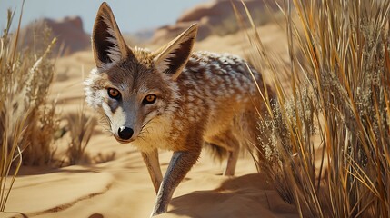 Coyote Walking in Desert Landscape with Tall Grass and Sunny Sky