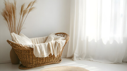 Fototapeta premium Cozy wicker bassinet with soft linens sits in sunlit room, creating serene and elegant atmosphere