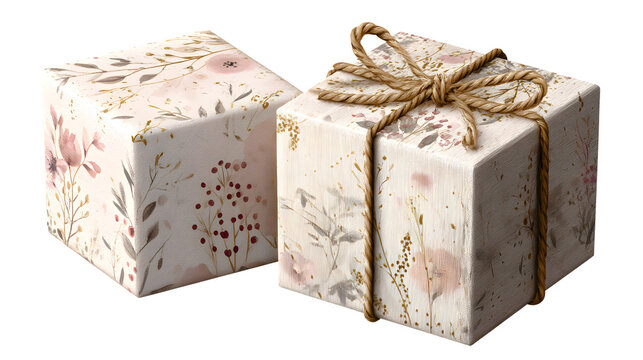 square present box with floral paper wrapping and rustic string