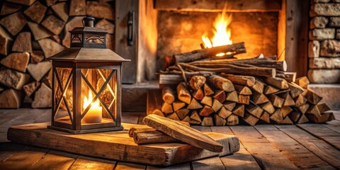 Illuminated lantern's warm glow near a cozy fireplace and a stack of firewood on rustic wooden floor