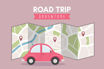 road trip adventure travel concept with car and street map vector illustration