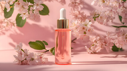 Elegant serum bottle with dropper surrounded by cherry blossoms on pastel pink background